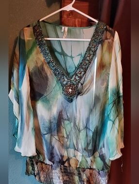 Beaded V-Neck in Teal, Blue, Green